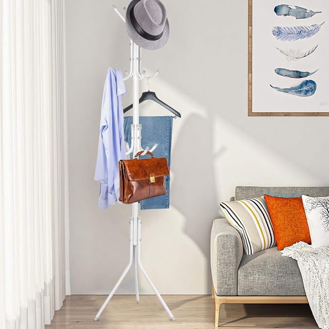Ejoyous Coat Rack Stand, 10 Hooks Free Standing Hat Hanger Metal Hall Tree Clothes Holder Storage Stand for Home Enterway Entryway Hanging Jacket, Garment, Scarves, Handbags, Umbrella (White)