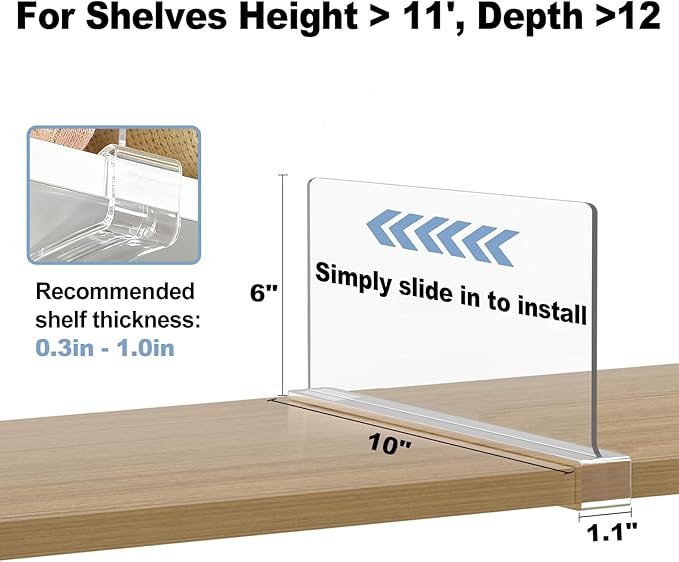 Purse Organizer for Closet Shelf Dividers: 6-inch Tall (Shorter Version) Adjustable Clear Acrylic Bag Storage Organizer for Handbags, Sweaters, Towels, Jeans and Shoes on Wood Shelves 8-Pack