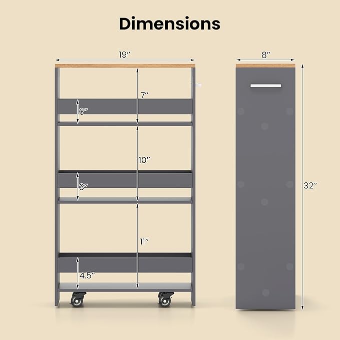 Small Kitchen Cart, 4-Tier Slim Rolling Island w/Handle, Laundry Room Storage Organizers Between Washer and Dryer, Narrow Spice Rack on Wheels Next to Fridge (Gray, 8'')