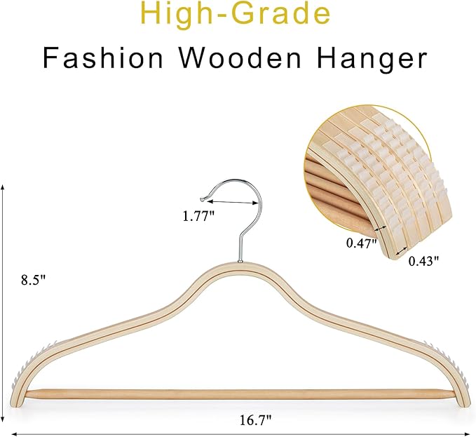 TOPIA HANGER Sleek Wooden Hangers with Non-Slip Rubber Grips, Sweater Hangers No Shoulder Bump, Lightweight Clothes Hangers 10-Pack, 360° Swivel Hook and Pants Bar-CT63N