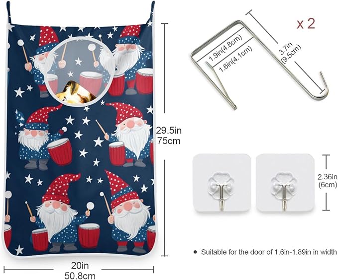 Hanging Laundry Hamper Over the Door with Stainless Steel Hooks Rack Dirty Clothes Wall Mounted Hamper Basket Bag 29.5X20inch July 4th Gnomes Drum Dark Blue