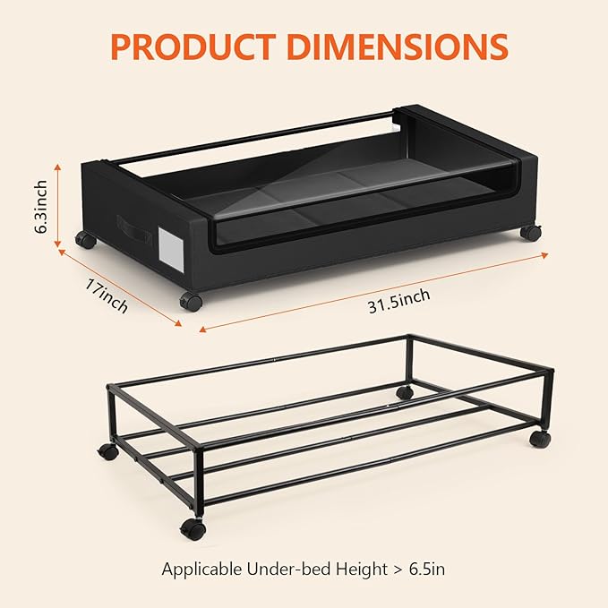 Under Bed Storage Containers with Wheels - Foldable Organizer Bins for Blankets, Clothes, Shoes, Toys, and Comforters.Capacity, Space Saving, Easy Pull Out, Clear PVC (black-2)