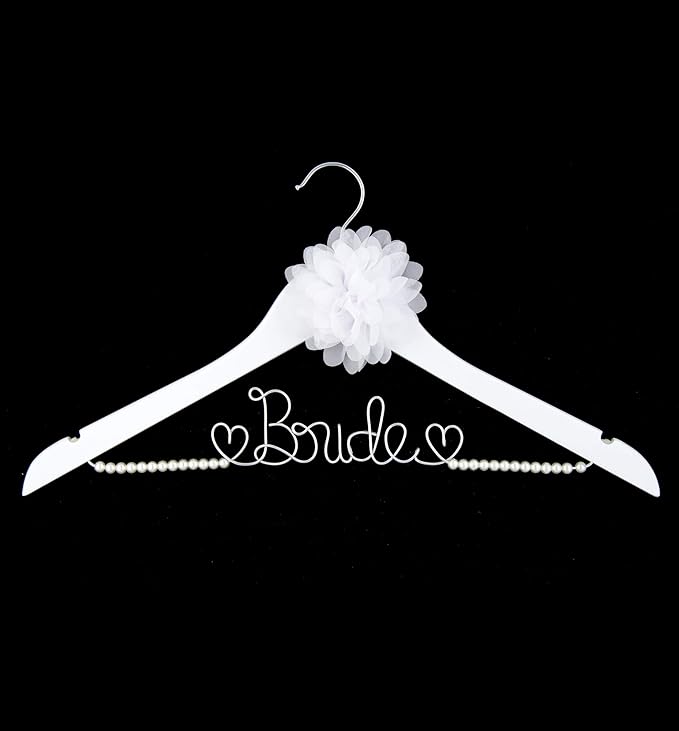 Bride to Be Wedding Dress Hanger Wooden and Wire Hangers for Brides Gowns, Dresses (White with Pearl Strand and Flower)