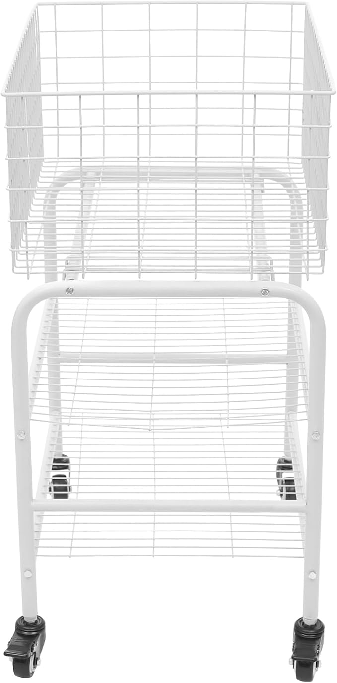 Rolling Laundry Basket on Wheels, 3-Tier Garment Storage Cart, Metal Wire Laundry Hamper Cart for Laundry Room, Bathroom, Bedroom (White)