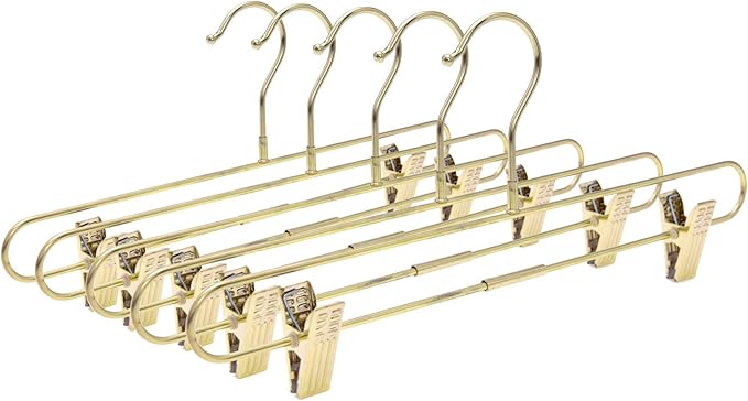 Quality Hangers 10-Pack Pant & Skirt Hanger Set - Gold With Clips - 360-Degree Metal Swivel Hook for Clothes - Anti-Rust Jean Slack & Trouser Hangers