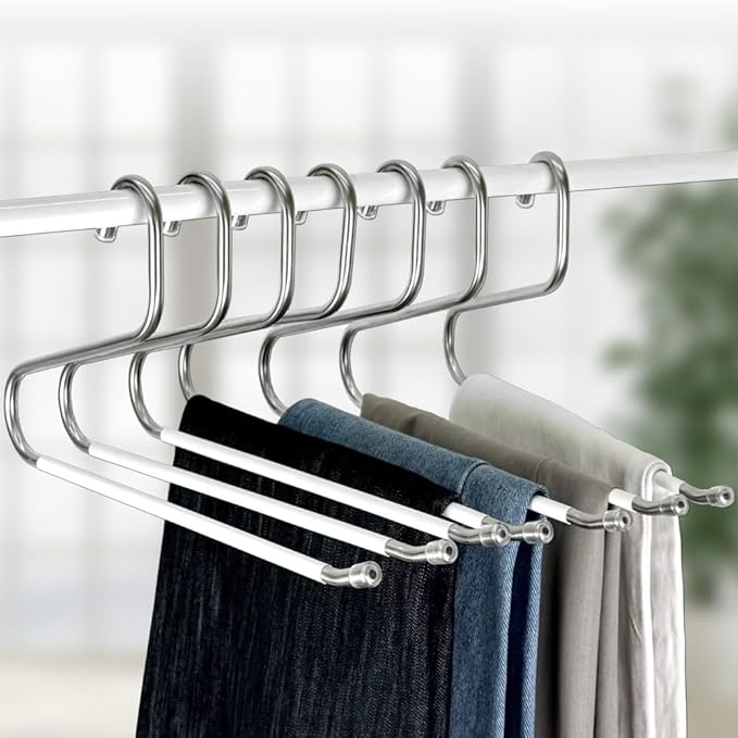 OLG 8mm Stainless Pants Hanger with V Hook and Reverse S, Non-Slip for Men Women -Heavy-Duty Trouser and Jeans Closet Organizer, Ganchos para Pantalones (10, White)