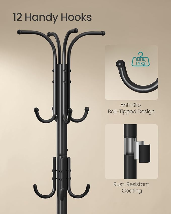 SONGMICS Coat Rack Freestanding, Coat Rack with Umbrella Holder with 12 Hooks, for Entryway, Hallway, Living Room, Bedroom, Ink Black URCR011B01