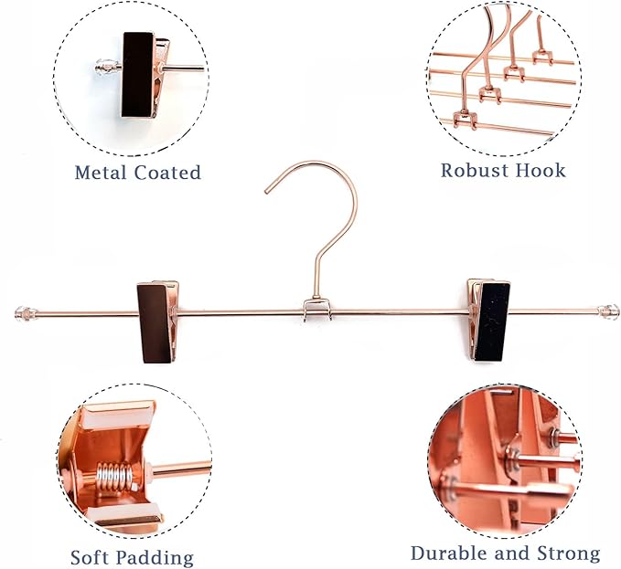 13.8" Rose Gold Pants Clothes Hangers, 10 Pack Trouser Hangers with Clips Metal Trouser Clip Hangers,Heavy Duty Metal Wire Adjustable Clips Bottom Trousers Legging Organizer