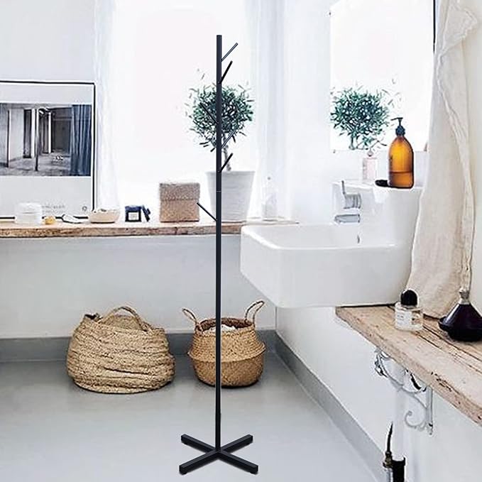Metal Coat Rack Free Standing 7 Hooks Coats Jacket Stand Hanger Holder Black Coat Tree Corner Rack Stand Entryway Bedroom Office Organizer for Coats Hats, Clothes, Handbags, Umbrella (Black)