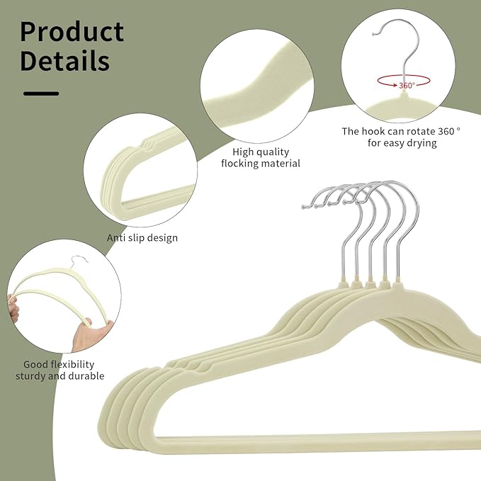 Premium Velvet Clothes Hangers, Heavy Duty Study Black Hangers for Coats, Suit & Dress - Non Slip Clothes Hanger Set (100, Lvory/Silver)