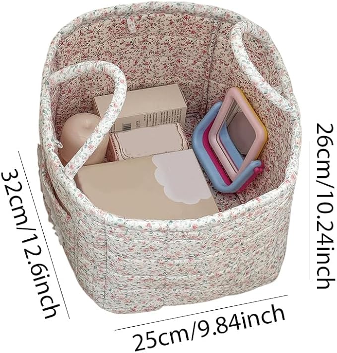 Quilted Laundry Basket Floral Storage Basket Cute Fabric Laundry Baskets Large Boho Foldable Nursery Hamper (Floral03)