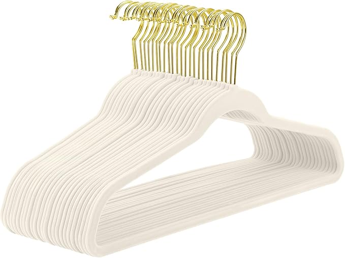 MIZGI Ivory Velvet Hangers 40 Pack,Premium Gold Clothes Hangers Non-Slip Felt Hangers,Sturdy IvoryHeavy Duty Coat Hanger,Durable Suit Hanger for Space Saving, No Flocked Marks