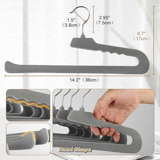 Velvet Pant Hangers Open End, 16 Pack Non Slip Non Crease Felt Slack/Jeans Trouser Hangers,Slim & Sleek Heavy Duty Space Saving Closet Hanger with 360° Swivel Hook (Gray)