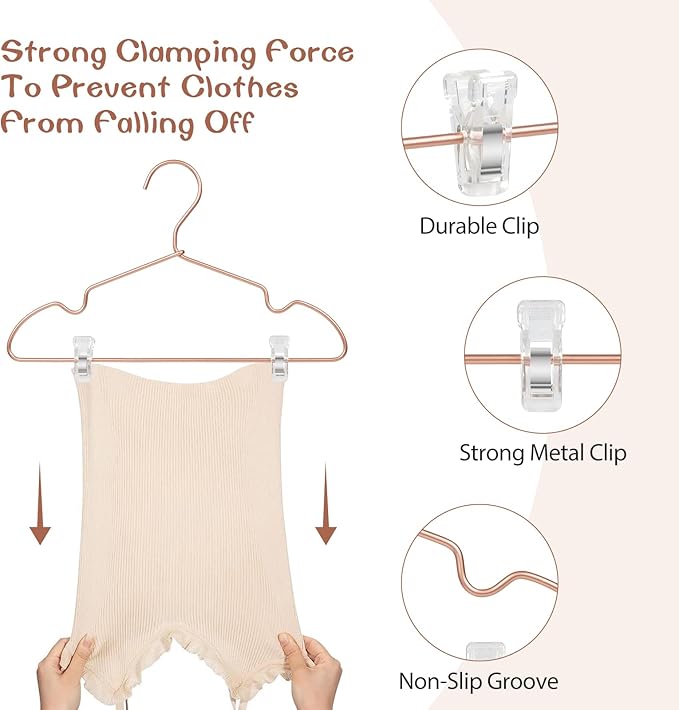 VWV Aluminum Clothes Hangers - with Adjustable Clips, 12.6 inches Long, 6.89 inches high, Suitable for Children's and Baby Clothes, 20-Pack in Rose Gold.