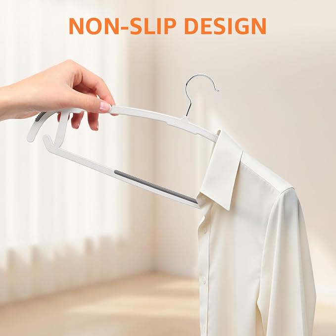 Yolife Plastic Clothes Hangers 50 Pack with Non-Slip Pads, 17.5" L × 8.3" H Heavy Duty Hanger with 360° Swivel Metal Hook, Slim Space Saving Hangers for Closet Organizer, White & Gray