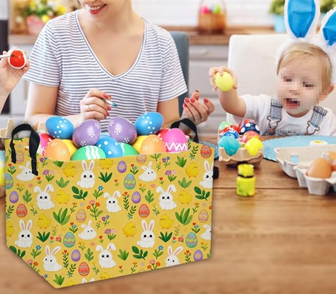 Easter Basket for Kids Gift Bunny Easter Basket Empty Baby Basket for Boys and Girls Cute Storage Basket Organizer Bin Box.(yellow eggs)