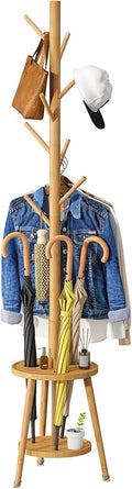 Coat Rack, Bamboo Wood Coat Freestanding with Umbrella Holder, Adjustable Height Coat Stand with 8 Hooks, kids coat rack, Used In The Bedroom Living Room, Office To Hang Clothes, Hats, Bags (Natural)