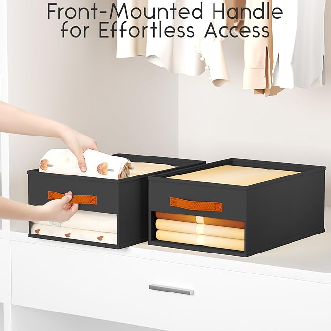 Drawer Organizers and Storage - 10 Pack Foldable Pants Organizer with Clear Window & Handles, Fabric Closet Organizer for Clothes, Jeans, Sweaters, Towels, T-shirt, Scarf (Black)