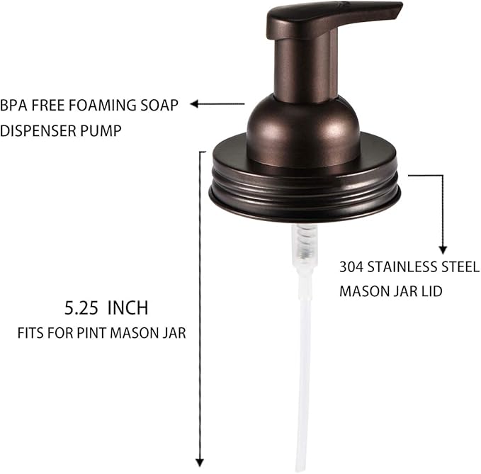 SheeChung 2 Pack Mason Jar Foaming Soap Dispenser Lids for Standard Mouth, Foaming Soap Dispenser Pump Replacement for Hand Sanitizer, Bath Liquid, Facial Cleansing Foam, Makeup Remover Water - Bronze