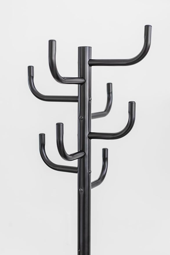 Black Coat Rack - Freestanding Hat and Coat Stand with 8 Hooks, Sturdy Metal Construction, Space-Saving Design (19.7" x 19.7" x 72.5") for Home & Office Organization