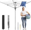 Outdoor Umbrella Drying Rack, 4-Aluminum Arms Folding Rotary Dryer with 12 Lines 165 ft Drying Space Adjustable Height Clothesline w/Waterproof Cover & Ground Spike for Garden Backyard(Grey)