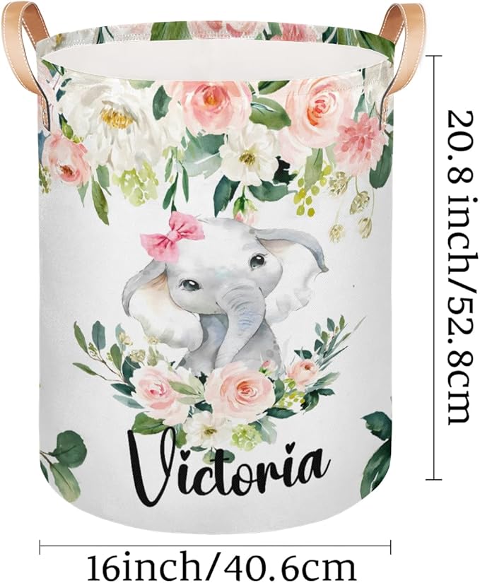Personalized Laundry Basket, Custom Gift Laundry Hamper, Collapsible Nursery Waterproof Laundry Baskets, Dirty Clothes Toy Hamper with Handles Pink Floral Elephant Girl