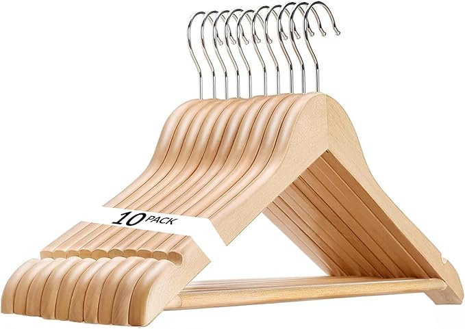 Premium Wood Like Hangers 10 Pack - Durable & Slim Coat Hanger - Suit Hangers with 360-Degree Rotatable Hook Hangers with Shoulder Grooves, Trouser Bar for Suit & Coat