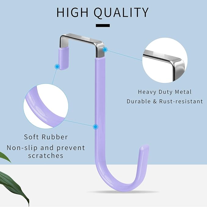 FYY Over The Door Hooks, 4 Pack Door Hangers Hooks with Rubber Prevent Scratches Heavy Duty Organizer Hooks for Living Room, Bathroom, Bedroom Hanging Clothes, Towels, Hats, Coats, Bags Lavender