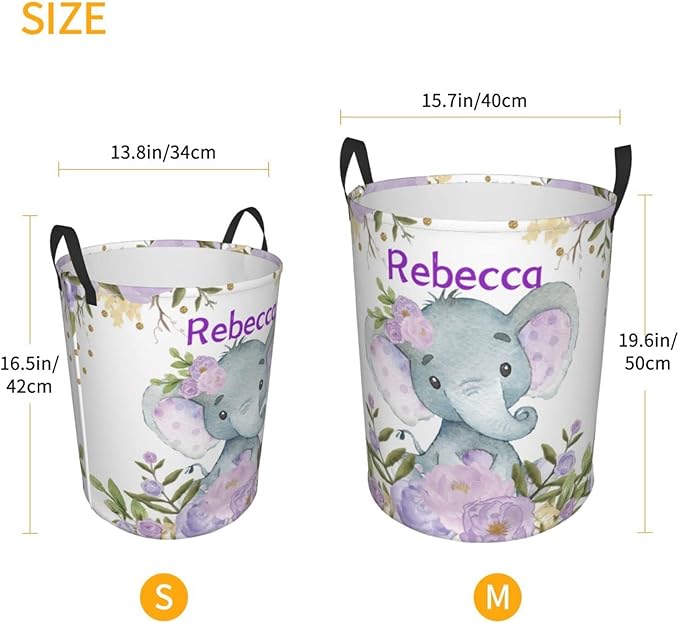 Purple Floral Elephant Personalized Laundry Hamper Custom with Name Collapsible Waterproof Storage Basket with Handles for Bedroom Clothes Toys.
