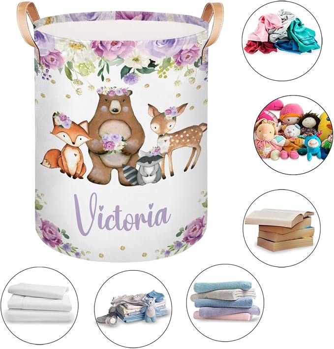 Personalized Laundry Basket, Custom Gift Laundry Hamper, Collapsible Nursery Waterproof Laundry Baskets, Dirty Clothes Toy Hamper with Handles Purple Floral Animals Cute
