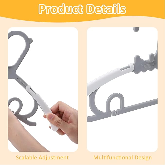 50 Pack Baby Clothes Hanger with 16 Clips, 11-15 inch Adjustable Kid Hangers, Multifunctional Children Hanger for Girl Boy Toddler Kids Child(Grey)