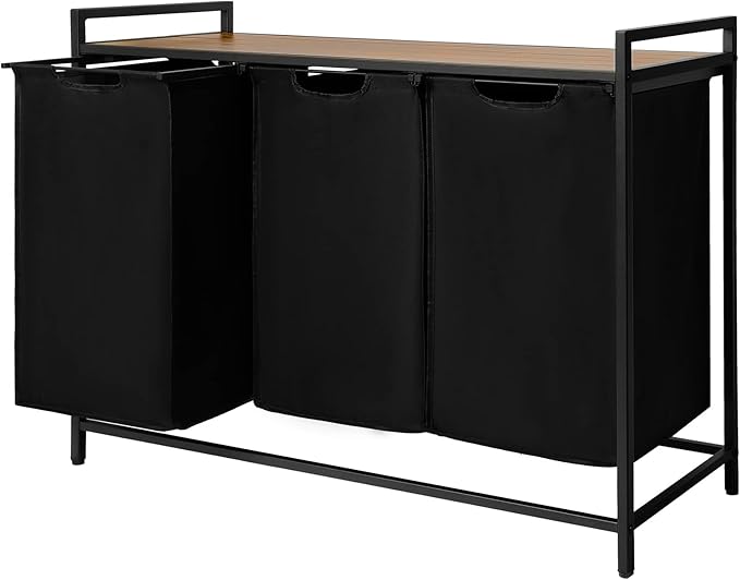 Pull Out Laundry Hamper 3 Compartment Laundry Sorter with Shelf 3 Section Laundry Basket with 3 x 16 Gallons Removable Bags for Laundry Room Bathroom and Dorm, Black