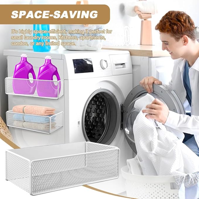 Magnetic Shelf for Washing Machine, Magnetic Basket Organizer, Magnetic- Storage Bin Box Container for Fridge, Magnetic- Basket Organizer for Laundry Kitchen (Large, White)