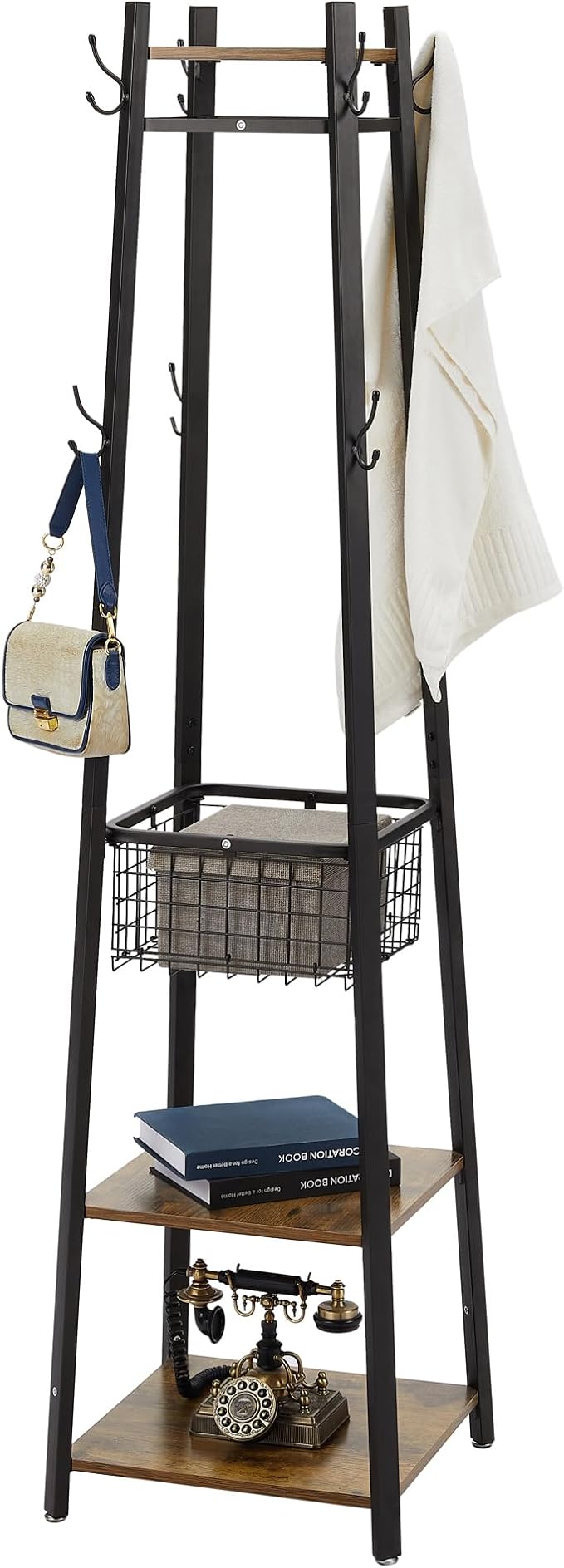 VECELO Coat Rack Freestanding, Entryway Clothes Stand with Metal Basket and 2 Shelves, Upgrade Hall Trees with 8 Dual Hooks for Bags, Hats, and Umbrellas, Industrial Styles, Vintage Brown+ Black