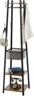 VECELO Coat Rack Freestanding, Entryway Clothes Stand with Metal Basket and 2 Shelves, Upgrade Hall Trees with 8 Dual Hooks for Bags, Hats, and Umbrellas, Industrial Styles, Vintage Brown+ Black