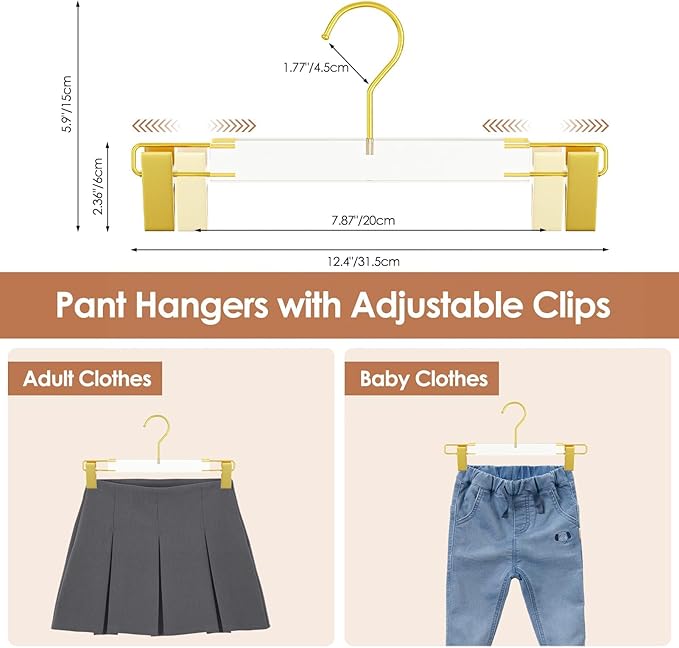 10 Pack Clear Acrylic Hangers with Adjustable Non-Slip Metal Clips, Gold Pants Hangers for Jeans, Trousers, Skirts, Coats, Heavy Duty, Space-Saving Closet Organizer, Adults & Kids