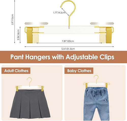 10 Pack Clear Acrylic Hangers with Adjustable Non-Slip Metal Clips, Gold Pants Hangers for Jeans, Trousers, Skirts, Coats, Heavy Duty, Space-Saving Closet Organizer, Adults & Kids