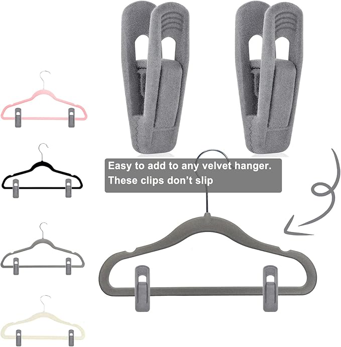 Grey Velvet Hangers Clips 50 PCS, Non-Slip Velvet Skirt Hanger Clips for Velvet Hangers, Strong Finger Clips Perfect for Kids Velvet Hangers Skirt Pant Clothes Gray Velvet Hangers