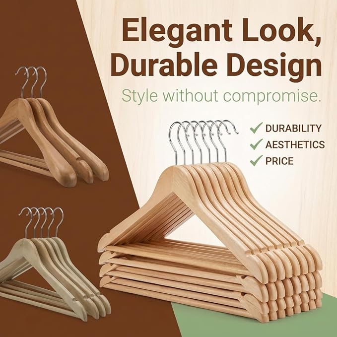 Durable Essentials Plastic Hangers – Pack of 20 Slim, Heavy-Duty, Wood-Like Design with Non-Slip Surface, 360° Rotating Rust-Resistant Hook for Space-Saving