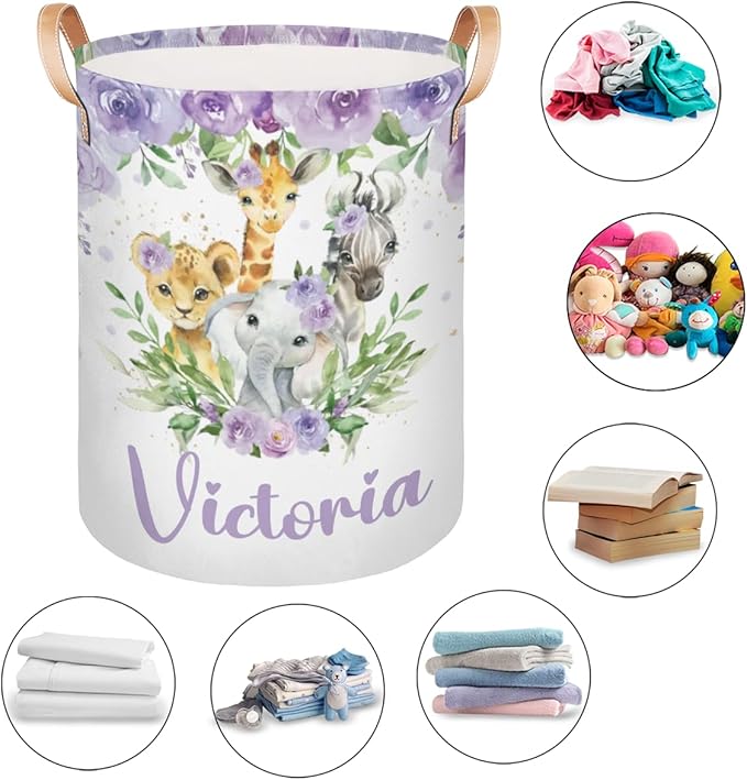 Personalized Laundry Basket, Custom Gift Laundry Hamper, Collapsible Nursery Waterproof Laundry Baskets, Dirty Clothes Toy Hamper with Handles Jungle Animal Purple Floral