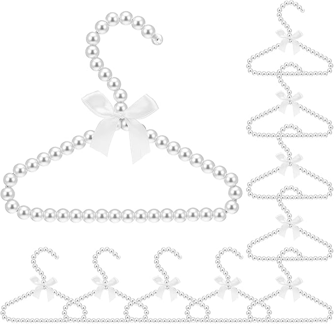 10Pcs Pearl Beaded Clothes Hangers, Mini Pearl Beads Small Metal Clothes Hangers with Ribbon, Elegant Standard Hanger for Women Dog Cat (White)