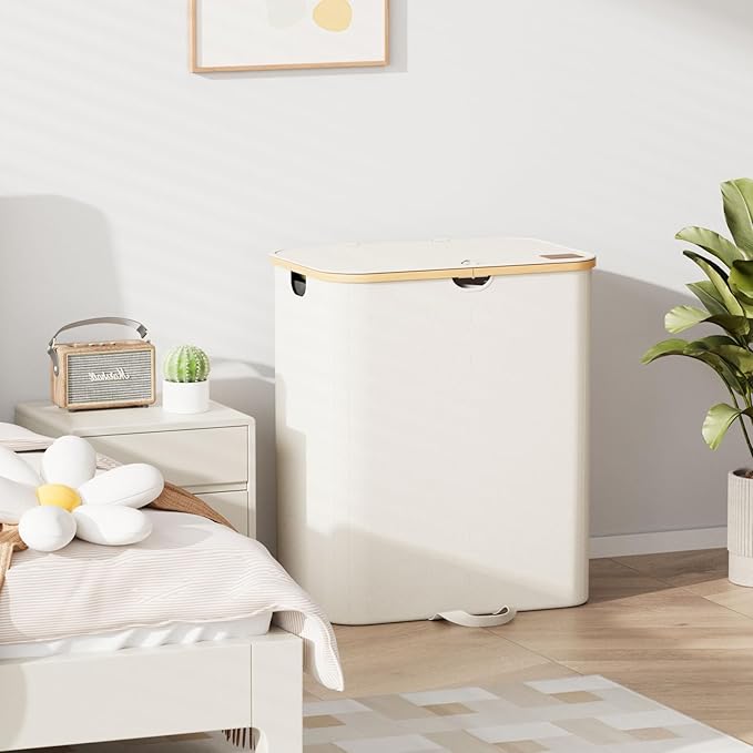 160L Double Laundry Hamper with Lid, Dirty Clothes Hamper with 2 Removable Bags, Beige Laundry Hamper 2 section with Bamboo Handles Easy to Carry for Bedroom, Bathroom, Dorm, College