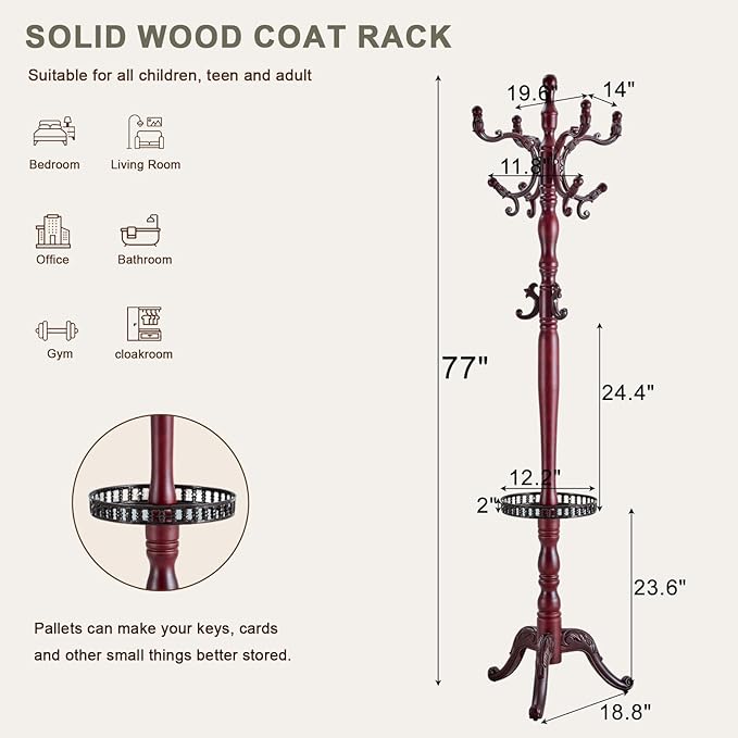 Wooden coat rack stand, Heavy duty coat racks tree freestanding with storage basket, Coat tree for jacket,Hats, Bags, Purses, clothes (Triangular base-Redwood 1)