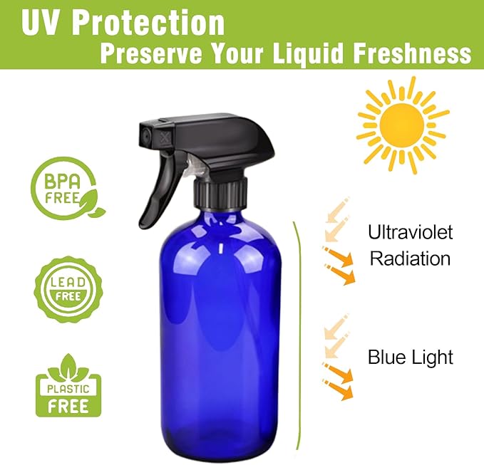 16oz Glass Spray Bottles,2-Pack Refillable Empty Spray Bottl for Cleaning, Hair Care, Plants - Adjustable Nozzl - Blue