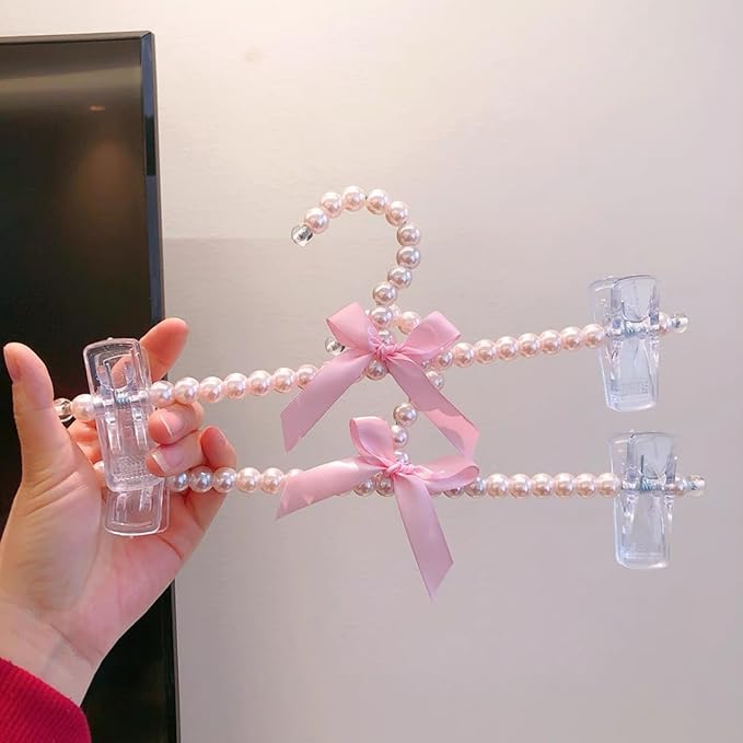 13 inch Pearl Hanger Pants Hangers with Clip,Cute Ribbon Bow Hanger Clip Hangers for Wedding Dress Bride Bridesmaid Lingerie (5, Pink)