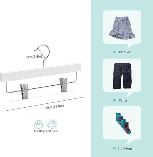 Nature Smile 11.8'' Kids Baby Toddler Children Solid Wooden Pants Hangers,Wood Skirts Hangers,Trousers Bottom Hangers with 2-Adjustable Clips Anti-Rust Hook Pack of 10 (White)