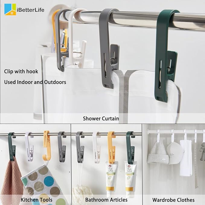iBetterLife 4Pcs Laundry Hooks with Clips Hanger Heavy Duty Outdoor Clothes Pins, Closet Organizer Single Clamps Hanging Socks Boot Bras Underwear Kids Towels for Bathroom Wardrobe Kitchen Office