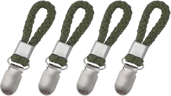 uxcell 4 Pcs Tea Towel Clips with Cotton Loop for Hanging, 4.3 Inch Metal Towel Hooks Multipurpose Cloth Hangers for Home Kitchen Bathroom, Green