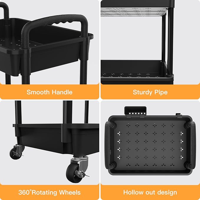 4 Tier Rolling Utility Cart with Handle,REBECAT Utility Cart Made of Multifunctional Storage Organizer Tool for Kitchen,Bathroom,Living Room,Office(Black)