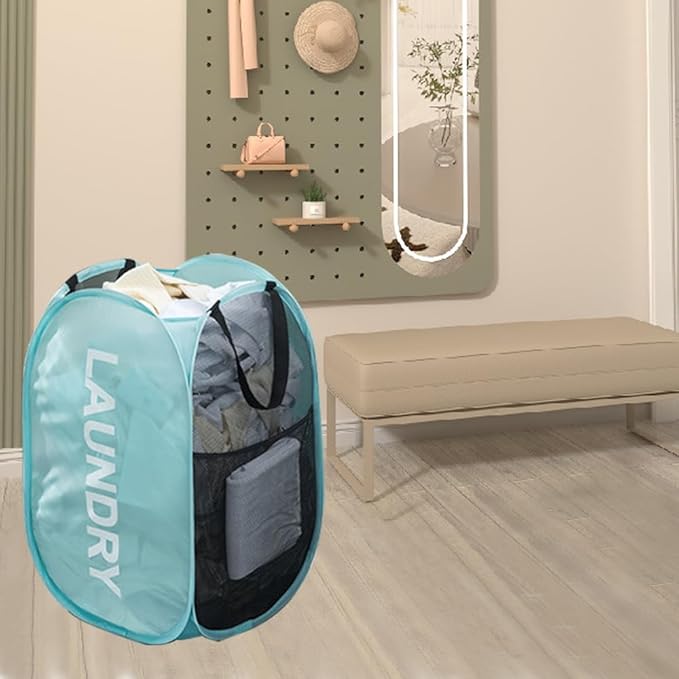 Larpur Pop Up Laundry Baskets, 2 Pack Mesh Laundry Hampers Collapsible Clothes Hampers for Home, Dorm, Travel (Pink + Blue)